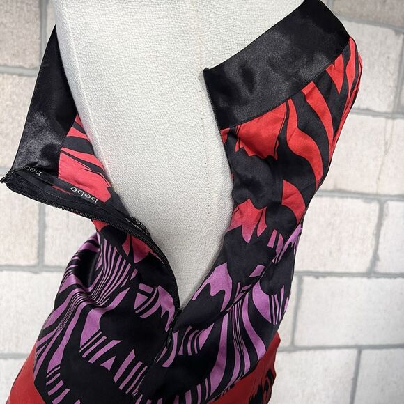 Bebe Y2K Asymmetrical Silk Blouse Size XXS One Shoulder Sexy Grunge Red Black - Picture 5 of 9